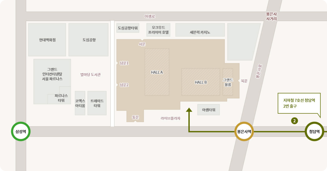 코엑스 단지와 주변 지역 안내 지도. 코엑스 컨벤션 센터의 주요 전시홀(HALL A, HALL B), 그랜드 볼룸, 라이브플라자와 서문, 남문1, 남문2, 동문, 북문 등 주요 출입구가 표시되어 있습니다. 주변에는 현대백화점, 도심공항, 도심공항타워, 오크우드 프리미어 호텔, 세븐럭 카지노, 그랜드 인터컨티넨탈 서울 파르나스, 파르나스 타워, 별마당 도서관, 코엑스 아티움, 트레이드 타워, 아셈타워 등 주요 건물이 있습니다. 주요 도로는 아셈로와 봉은사로가 교차하며, 봉은사 사거리도 표시되어 있습니다. 지하철 7호선 청담역 2번 출구(진행방향 앞 쪽)로 나온 후 도보로 약 20-30분 거리 직진하여 아셈광장을 통하여 스타필드 코엑스몰로 진입할 수 있습니다.