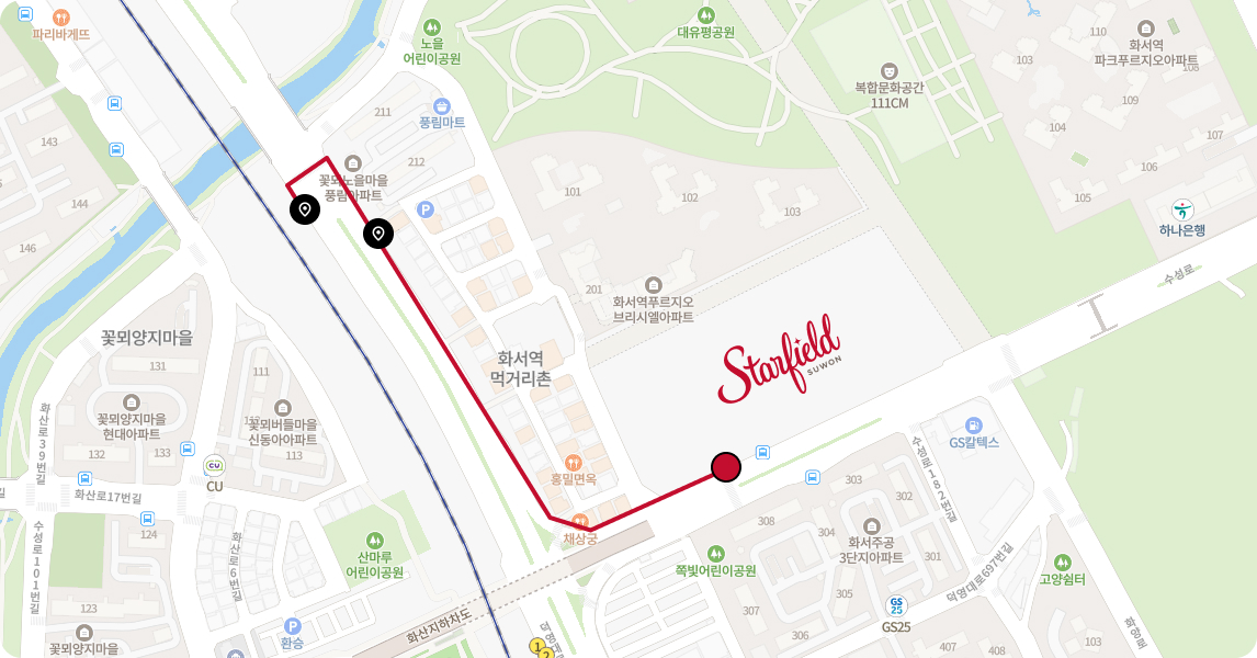 화서동 먹거리촌·꽃뫼노을 풍림 아파트 정류장에서 약 580m(도보 8분소요)