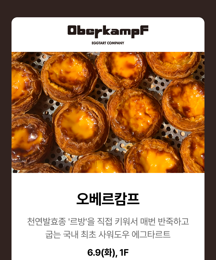 오베르캄프 - 천연발표종 '르방'을 직접 키워서 매번 반죽하고 굽는 국내 최초 샤워도우 에그타르트, 6.9(화), 1F