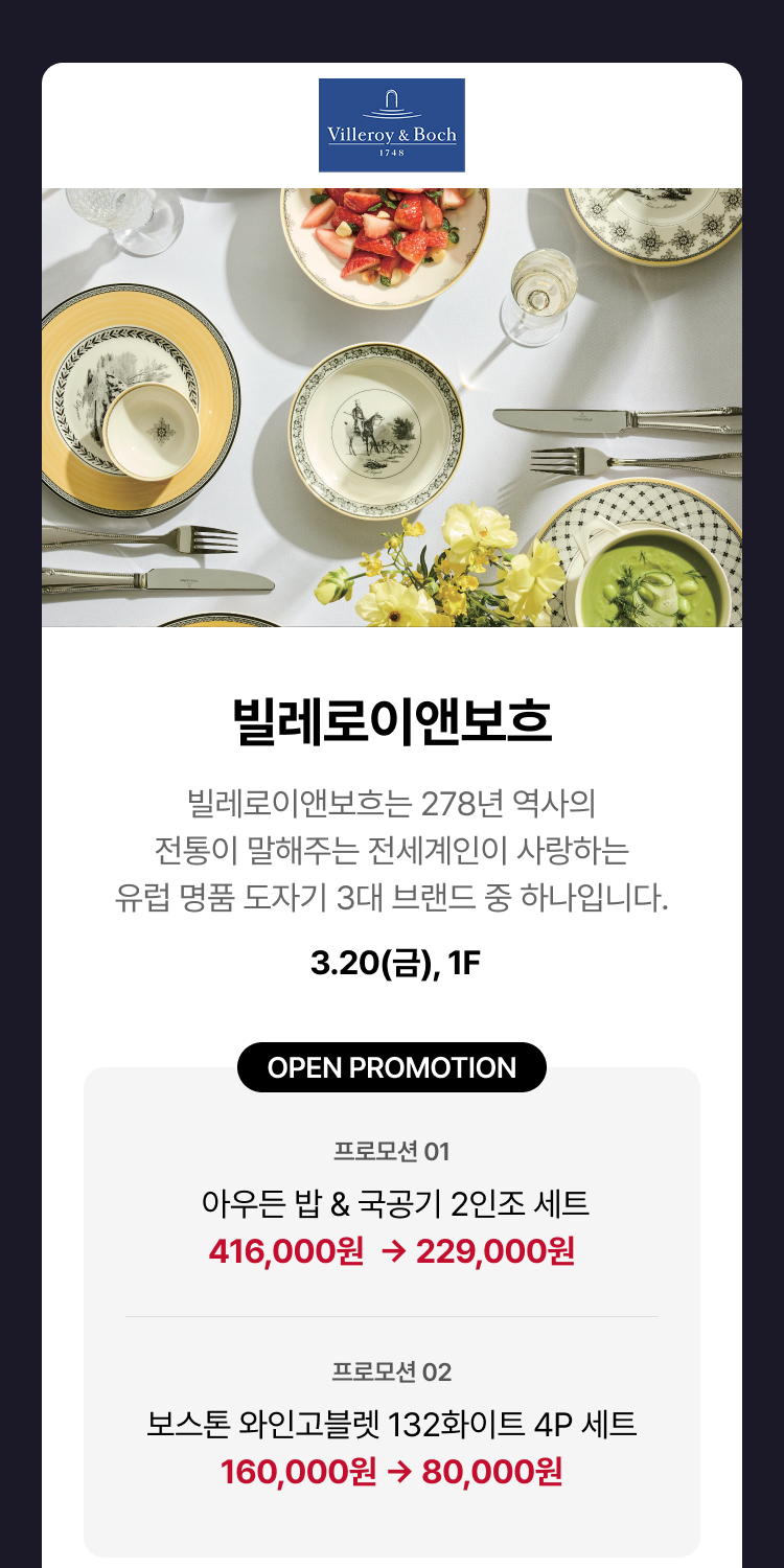 빌레로이앤보흐 - 빌레로이앤보흐는 278년 역사의 전통이 말해주는 전세계인이 사랑하는 유럽 명품 도자기 3대 브랜드 중 하나입니다. 3.20(금), 1F