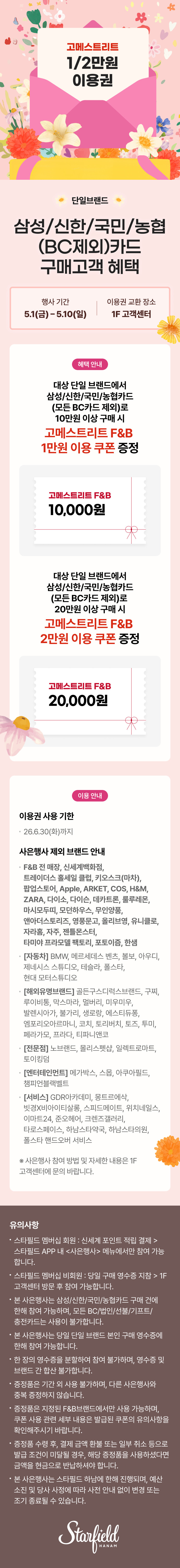 고메스트리트 1/2만원 이용권 단일브랜드 삼성/신한/국민/농협(BC제외)카드 구매고객 혜택, 행사 기간 5.1(금) - 5.10(일), 이용권 교환 장소 1F 고객센터. 혜택 안내 대상 단일 브랜드에서 삼성/신한/국민/농협카드(모든 BC 카드 제외)로 10만원 이상 구매 시 고메스트리트 F&B 1만원 이용 쿠폰 증정. 고메스트리트 F&B 10,000원. 대상 단일 브랜드에서 삼성/신한/국민/농협카드(모든 BC카드 제외)로 20만원 이상 구매 시 고메스트리트 F&B 2만원 이용 쿠폰 증정. 고메스트리트 F&B 20,000원 이용 안내. 이용권 사용 기한 26.6.30(화)까지 사은행사 제외 브랜드 안내 F&B 전 매장, 신세계백화점, 트레이더스 홀세일 클럽, 키오스크(마차), 팝업스토어, Apple, ARKET, COS, H&M, ZARA, 다이소, 다이슨, 데카트론, 룰루레몬, 마시모두띠, 모던하우스, 무인양품, 앤아더스토리즈, 영풍문고, 올리브영, 유니클로, 자라홈, 자주, 젠틀몬스터, 타미야 프라모델 팩토리, 포토이즘, 한샘 [자동차] BMW, 메르세데스 벤츠, 볼보, 아우디, ㅔ네시스 스튜디오, 테슬라, 폴스타, 현대 모터 스튜디오 [해외유명브랜드] 골든구스디럭스브랜드, 구찌, 루이비토, 막스마라, 멀버리, 미우미우, 발렌시아가, 불가리, 생로랑, 에스티듀퐁, 엠포리오아르마니, 코치, 토리버치, 토즈, 투미, 페라가모, 프라다, 티파니앤코 [전ㄴ문점] 노브랜드, 몰리스펫샵, 일렉트로마트, 토이킹덤 [엔터테인먼트] 메가박스, 스몹, 아쿠아필드, 챔피언블랙벨트 [서비스] GDR아카데미, 몽트르에삭, 빗경X비아이티살롱, 스피드메이트, 위치네일스, 이마트24, 준오헤어, 크렌즈갤러리, 타로스페이스, 하남스타약국, 하남스타의원, 폴스타 핸드오버 서비스 ※ 사은행사 참여 방법 및 자세한 내용은 1F 고객센터에 문의 바랍니다. 유의사항 스타필드 멤버십 회원 : 신세계 포인트 적립 결제 > 스타필드 APP 내 <사은행사> 메뉴에서만 참여 가능합니다. 스타필드 멤버십 비회원 : 당일 구매 영수증 지침 > 1F 고객센터 방문 후 참여 가능합니다. 본 사은행사는 삼성/신한/국민/농협카드 구매 건에 한해 참여 가능하며, 모든 BC/법인/선불/기프트/충전카드는 사용이 불가합니다. 본 사은행사는 당일 단일 브랜드 본인 구매 영수증에 한해 참여 가능합니다. 한 장의 영수증을 분할하여 참여 불가하며, 영숮증 및 브랜드 간 합산 불가합니다. 증정품은 기간 외 사용 불가하며, 다른 사은행사 와 중복 증정하지 않습니다. 증정품은 지정된 F&B브랜드에서만 사용 가능하며, 쿠폰 사용 관련 세부 내용은 발급된 쿠폰의 유의사항을 확인해주시기 바랍니다. 증정품 수렁 후, 결제 금액 환불 또는 일부 취소 등으로 발급 조건이 미달될 경우, 해당 증정품을 사용하셨다면 금액을 현금으로 반납하셔야 합니다. 본 사은행사는 스타필드 하남에 한해 진행되며, 예산 소진 및 당사 사정에 따라 사전 안내 없이 변경 또는 조기 종료될 수 있습니다.