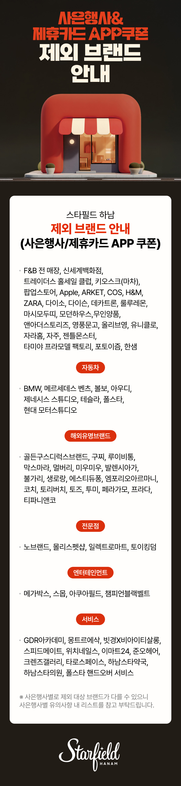 사은행사&제휴카드 APP쿠폰 제외 브랜드 안내 스타필드 하남 제외 브랜드 안내(사은행사/제휴카드 APP 쿠폰). F&B 전 매장, 신세계백화점, 트레이더스 홀세일 클럽, 키오스크(마차), 팝업스토어, Apple, ARKET, COS, H&M, ZARA, 골드문트, 골프존마켓, 다이소, 다이슨, 데카트론, 디트로네, 룰루레몬, 마시모두띠, 모던하우스, 무인양품, 앤아더스토리즈, 영창뮤직, 영풍문고, 올리브영, 유니클로, 자라홈, 자주, 젠틀몬스터, 타미야 프라모델 팩토리, 포칼파워드 바이네임, 포토이즘, 한샘. 자동차.  BMW, 레인지로버 부티크, 메르세데스 벤츠, 볼보, 아우디, 제네시스 스튜디오, 테슬라, 폴스타, 현대 모터스튜디오. 명품/해외유명브랜드. 골든구스, 구찌, 루이비통, 마이클 코어스, 막스마라, 멀버리, 미우미우, 발렌시아가, 불가리, 생로랑, 에스티듀퐁, 엠포리오 아르마니, 코치, 토리버치, 토즈, 투미, 티파니앤코, 페라가모, 펜디, 프라다, 휴고보스. 전문점.  골든구스, 구찌, 루이비통, 마이클 코어스, 막스마라, 멀버리, 미우미우, 발렌시아가, 불가리, 생로랑, 에스티듀퐁, 엠포리오 아르마니, 코치, 토리버치, 토즈, 투미, 티파니앤코, 페라가모, 펜디, 프라다, 휴고보스. 엔터테인먼트.  메가박스, 스몹, 아쿠아필드, 챔피언블랙벨트.  서비스. GDR아카데미, 몽트르에삭, 빗경X비아이티살롱, 스피드메이트, 위치네일스, 이마트24, 준오헤어, 크렌즈갤러리, 타로스페이스, 하남스타약국, 하남스타의원.  ※ 사은행사별로 제외 대상 브랜드가 다를 수 있으니 사은행사별 유의사항 내 리스트를 참고 부탁드립니다.