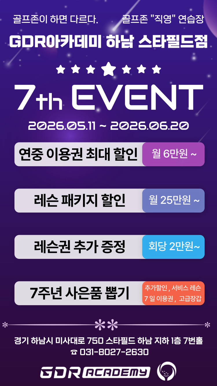 골프존이 하면 다르다. 골프존 "직영" 연습장 GDR아카데미 하남 스타필드점 7th EVENT 2026.05.11 ~ 2026.06.20 연중 이용권 최대 할인 월 6만원~ 레슨 패키지 할인 월 25만원 ~ 레슨권 추가 증정 회당 2만원~ 7주년 사은품 뽑기 추가할인, 서비스 레슨 7일 이용권, 고급장갑 경기 하남시 미사대로 750 스타필드 하남 지하 1층 7번홀 031-8027-2630 GDR ACADEMY