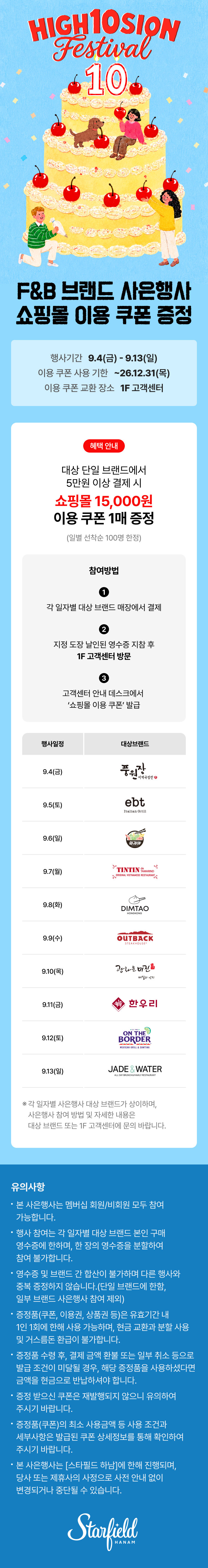 1. 헤더 (Header)

HIGH 10SION Festival 10

2. 메인 이벤트 (Main Title & Info)

F&B 브랜드 사은행사 쇼핑몰 이용 쿠폰 증정

행사 기간: 9.4(금) ~ 9.13(일)

이용 쿠폰 사용 기간: ~20.12.31(목)

이용 쿠폰 교환 장소: 1F 고객센터

3. 상세 혜택 / 상품 / 브랜드 (Details)

혜택 안내: 대상 단일 브랜드에서 8만원 이상 결제 시 쇼핑몰 15,000원 이용 쿠폰 1매 증정 (일일 선착순 100명 한정)

참여방법:

당일 해당 대상 브랜드 이용하기 (결제)

사용 금액 영수증 지참 후 1F 고객센터 방문

고객센터 안내데스크에서 영수증 확인 후 쿠폰 수령

참여 브랜드:

B1/고메스트리트: 봉피양

B1/고메스트리트: ebt

B1/고메스트리트: 광화문 미진

B1/잇토피아: TINY TIGER

B1/잇토피아: DEVIL'S DOOR

3F/잇토피아: OUTBACK

3F/잇토피아: 초마

3F/잇토피아: 한우리

3F/잇토피아: ON THE BORDER

3F/잇토피아: JADE WATER

*수량 한정 선착순 증정 행사로서 조기에 마감될 수 있습니다. 당일 구매 영수증에 한해 혜택 제공하며, 합산은 불가합니다.

4. 유의사항 (Notes)

본 사은행사는 신세계 포인트 카드 회원 대상입니다.

일부 금액 분할 결제(대상 브랜드 결제 금액과 영수증 분할 수령) 또는 합산 영수증 결제 증빙은 제공 불가합니다.

영수증 분실 시 재발행이 불가하며 교환 처리로 중복 증정이 발생할 경우 사은품 지급 대상에서 제외되며 사은품 청구 대상이 됩니다.

현금영수증, 상품권, 포인트를 통한 구매/지급건도 사은 대상에 포함되나, 일부 구매권/이용권 상품권 등 결제 건은 증정이 불가합니다.

영수증 재발급, 취소 결제 건을 사용 또는 사은 쿠폰을 사용 수령한 취소 영수증 제출 시 사은품 환수 대상이며 즉시 반납하셔야 합니다.

본 행사 쿠폰은 재판매할 수 없으며 환불 처리되지 않습니다.

사은품/쿠폰의 분실, 훼손 등 사용 기간 이후 사용하지 않은 분실 쿠폰은 책임지지 않으며 재발행되지 않습니다.

본 사은행사는 스타필드 사정에 의해 변경되며, 본 행사 및 사은품 관련 자세한 정보는 현장 유의사항을 체크해 주세요.

Starfield