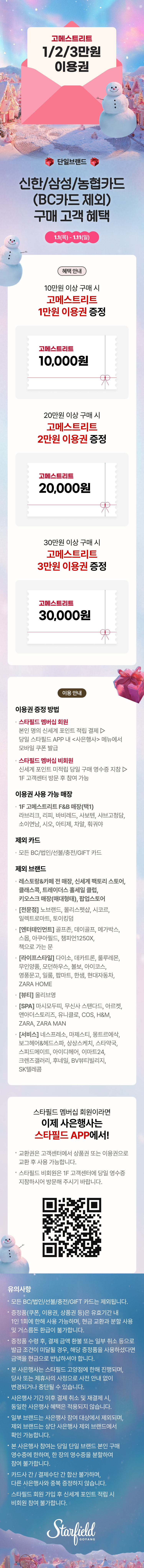고메스트리트 1/2/3만원 이용권 단일브랜드 신한/삼성/농협카드(BC카드 제외) 구매 고객 혜택 1.1(목) - 1.11(일) 혜택 안내 10만원 이상 구매 시 고메스트리트 1만원 이용권 증정 고메스트리트 10,000원 20만원 이상 구매 시 고메스트리트 2만원 이용권 증정 고메스트리트 20,000원 30만원 이상 구매 시 고메스트리트 3만원 이용권 증정 고메스트리트 30,000원 이용 안내 이용권 증정 방법 ㅅ슷타필드 멤버십 회원 본인 명의 신세계 포인트 적립 결제 ▷ 당일 스타필드 APP 내 <사은행사> 메뉴에서 모바일 쿠폰 발급 스타필드 멤버십 비회원 신세계 포인트 미적립 당일 구매 영수증 지참 ▷ 1F 고객센터 방문 후 참여 가능 이용권 사용 가능 매장 1F 고메스트리트 F&B 매장(택1) 라브리크, 리피, 바비레드, 사보텐, 샤브고청담, 소이연남, 시오, 아티제, 차알, 훠궈야 제외 카드 모든 BC/법인/선불/충전/GIFT 카드 제외 브랜드  레스토랑&카페 전 매장, 신세계 팩토리 스토어, 클래스콕, 트레이더스 홀세일 클럽, 키오스크 매장(매대형태), 팝업스토어 [전문점] 노브랜드, 몰리스펫샵, 시코르, 일렉트로마트, 토이킹덤 [엔터테인먼트] 골프존, 데이골프, 메가박스, 스몹, 아쿠아필드, 챔피언1250X, 책으로 가는 문 [라이프스타일] 다이소, 데카트론, 룰루레몬, 무인양품, 모던하우스, 볼보, 아이코스, 영풍문고, 일룸, 팝마트, 한샘, 현대자동차, ZARA HOME [뷰티] 올리브영 [SPA] 마시모두띠, 무신사 스탠다드, 아르켓, 앤아더스토리즈, 유니클로, COS, H&M, ZARA, ZARA MAN [서비스] 네스프레소, 마제스티, 몽트르에삭, 보그헤어&헤드스파, 상상스케치, 스타약국, 스피드메이트, 아이디헤어, 이마트24, 크렌즈갤러리, 후네일, BV뷰티빌리지, SK텔레콤 스타필드 멤버십 회원이라면 이제 사은행사는 스타필드 APP에서! 교환권은 고객센터에서 ㅅ상품권 또는 이용권으로 교환 후 사용 가능합니다. 스타필드 비회원은 1F 고객센터에 당일 영수증 지참하시어 방문해 주시기 바랍니다.  유의사항 모든 BC/법인/선불/충전/GIFT 카드는 제외됩니다. 증정품(쿠폰, 이용권, 상품권 등)은 유효기간 내 1인 1회에 한해 사용 가능하며, 현금 교환과 분할 사용 및 거스름돈 환급이 불가합니다. 증정품 수령 후, 결제 금액 환불 또는 일부 취소 등으로 발급 조건이 미달될 경우, 해당 증정품을 사용하셨다면 금액을 현금으로 반납하셔야 합니다. 본 사은행사는 스타필드 고양점에 한해 진행되며, 당사 또는 제휴사의 사정으로 사전 안내 없이 변경되거나 중단될 수 있습니다. 사은행사 기간 이후 결제 취소 및 재결제 시, 동일한 사은행사 혜택은 적용되지 않습니다. 일부 브랜드는 사은행사 참여 대상에서 제외되며, 제외 브랜드는 상단 사은행사 제외 브랜드에서 확인 가능합니다. 본 사은행사 참여는 당일 단일 브랜드 본인 구매 영수증에 한하며, 한 장의 영수증을 분할하여 참여 불가합니다. 카드사 간 / 결제수단 간 합산 불가하며,  다른 사은행사와 중복 증정하지 않습니다 .스탚리드 회원 가입 후 신세계 포인트 적립 시 비회원 참여 불가합니다.