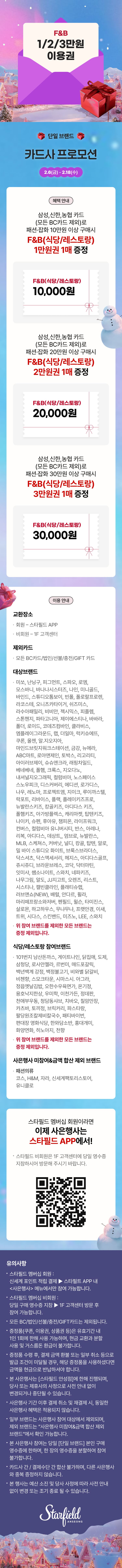 F&B 1/2/3만원 이용권 , 단일브랜드, 카드사프로모션 2.6(금) - 2.18(수) 혜택 안내 삼성,신한,농협 카드(모든BC카드 제외)로 패션, 잡화 10만원 이상 구매시 F&B(식당/레스토랑) 1만원권 1매 증정  삼성,신한,농협 카드(모든BC카드 제외)로 패션, 잡화 20만원 이상 구매시 F&B(식당/레스토랑) 2만원권 1매 증정  삼성,신한,농협 카드(모든BC카드 제외)로 패션, 잡화 30만원 이상 구매시 F&B(식당/레스토랑) 3만원권 1매 증정  이용 안내 교환장소 회원 - 스타필드 APP 비회원- 1F 고객센터 제외카드 모든 BC카드/법인/선불/충전/GIFT카드 대상브랜드  미쏘, 난닝구, 스파오, 로엠, 모스바니, 바나나시스터즈, 나인, 미니골드, 바인드, 스튜디오톰보이, 빈폴, 폴로랄프로렌, 라코스테, 오니츠카타이거, 쉬즈미스, 라수아패밀리, 비비안, 젝시믹스, 피플렘, 스톤헨지, 파타고니아, 제이에스티나, 바바라, 폴더, 로이드, 코데즈컴바인, 클라비스, 엠플레이그라운드, 랩, 더일마, 럭키슈에뜨, 쿠론, 올젠, 알.지오지아, 마인드브릿지워크스테이션, 금강, 뉴에라, ABC마트, 로아앤제인, 토박스, 리고리티, 아이러브제이, 슈슈앤크라, 래핑차일드, 베네베네, 폴햄, 크록스, 지오다노, 내셔널지오그래픽, 컬럼비아, 노스페이스, 스노우피크, 디스커버리, 에디션, 로가디스, 나우, 레노마, 프로젝트엠, 지이크, 루이까스텔, 락포트, 리바이스, 플랙, 플레이키즈프로, 뉴발란스 키즈, 캉골 키즈, 아디다스 키즈, 폴햄키즈, 아가방플렉스, 캐리마켓, 탑텐키즈, 나이키, 슈펜, 후아유, 챔피온, 라이프워크, 컨버스, 컬럼비아 유니버시티, 반스, 아레나, 리복, 아디다스, 데상트, 엄브로, 뉴발란스, MLB, 스케쳐스, 커버낫, 널디, 캉골, 탑텐, 알로, 밀 바이 스튜디오 화이트, 브룩스브라더스, 닥스셔츠, 닥스액세서리, 헤지스, 아디다스골프, 쥬시쥬디, 브라운브레스, 코닥, 닥터마틴, 잇미샤, 쌤소나이트, 스와치, 네파키즈, 나무그림, 알도, JJ지고트, 오렌즈, 리스트, 시스티나, 캘빈클라인, 플래티슈랩, 러브앤쇼(NEW), 배럴, 안다르, 휠라, 마리떼프랑소와저버, 펜필드, 윌슨, 타미진스, 살로몬, 하고하우스, 컬리수X모이몰른, 무냐무냐, 프랫안경, 이새, 트위, 시다스, 스킨밴드, 미즈노,LEE, 스와치 ※위 참여 브랜드를 제외한 모든 브랜드는 증정 제외입니다. 식당/레스토랑 참여브랜드 101번지 남산돈까스, 게이트나인, 닭집애, 도제, 삼청당, 로사안젤라, 르번미, 매드포갈릭, 백년백계 강정, 백정불고기, 비와별 닭갈비, 비첸향, 스모크타운, 시마스시, 아그라, 정읍옛날김밥, 오한수우육면가, 온기정, 용호낙지한상, 우미학, 이천가든, 정데판, 천애부우동, 청담동샤브, 치바오, 칠암만장, 카츠바, 토끼정, 브릭커리, 파스타랑, 팔당원조칼제비칼국수, 패티바이번, 편대장 영화식당, 한와담소반, 홍대개미, 화양연화, 히노아지, 천향 위 참여 브랜드를 제외한 모든 브랜드는 증정 제외입니다. 사은행사 미참여 & 금액 합산 제외 브랜드 패션의류 코스, H&M,자라, 신세계팩토리스토어, 유니클로 스타필드 멤버십 회원이라면 이제 사은행사는 스타필드 APP에서 스타필드 비회원은 1F 고객센터에 당일 영수증 지참하시어 방문해 주시기 바랍니다. 유의사항※ 스타필드 멤버십 회원 : 신세계 포인트 적립 결제 > 스타필트 APP 내 <사은행사> 메뉴에서만 참여 가능합니다. ※ 스타필드 멤버십 비회원 : 당일 구매 영수증 지참 > 1F 고객센터 방문 후 참여 가능합니다. ※ 모든 BC/법인/선불/충전/GIFT카드는 제외됩니다. ※ 증정품(쿠폰, 이용권, 상품권 등)은 유효기간 내 1인 1회에 한해 사용 가능하며, 현금 교환과 분할 사용 및 거스름돈 환급이 불가합니다. ※ 증정품 수령 후, 결제 금액 환불 또는 일부 취소 등으로 발급 조건이 미달될 경우,  해당 증정품을 사용하셨다면 금액을 현금으로 반납하셔야 합니다.※ 본 사은행사는 스타필드 안성에 한해 진행되며, 당사 또는 제휴사의 사정으로 사전 안내 없이 변경되거나 중단될 수 있습니다. ※ 사은행사 기간 이후 결제 취소 및 재결제 시, 동일한 사은행사 혜택은 적용되지 않습니다. ※ 일부 브랜드는 사은행사 참여 대상에서 제외되며, 제외 브랜드는 “사은행사 미참여&금액 합산 제외 브랜드”에서 확인 가능합니다. ※ 본 사은행사 참여는 당일 [단일 브랜드] 본인 구매 영수증에 한하며, 한 장의 영수증을 분할하여 참여 불가합니다. ※ 카드사 간/ 결제수단 간 합산 불가하며, 다른 사은행사와 중복 증정하지 않습니다 ※ 본 행사는 예산 소진 및 당사 사정에 따라 사전 안내 없이 변경 또는 조기 종료 될 수 있습니다..