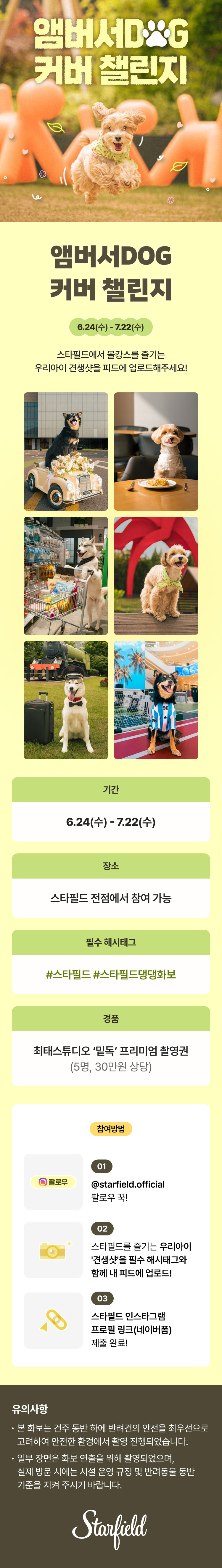 앰버서DOG 커버 챌린지
6.24(수)~7.22(수)
스타필드에서 몰캉스를 즐기는 우리 아이 견생샷을 피드에 업로드해주세요!

[기간] 6.24(수) - 7.22(수)
[장소] 스타필드 전점에서 참여 가능
[필수 해시태그] #스타필드 #스타필드 댕댕화보
[경품] 최태스튜디오 '밑독' 프리미엄 촬영권 (5명, 30만원 상당)

[참여방법]
1. @starfiled.official 팔로우 꾹!
2. 스타필드를 즐기는 우리아이 '견생샷'을 필수 해시태그와 함께 내 피드에 업로드!
3. 스타필드 인스타그램 프로필 링크(네이버폼) 제출 완료!

[유의사항]
- 본 화보는 견주 동반 하에 반려견의 안전을 최우선으로 고려하여 안전한 환경에서 촬영 진행되었습니다.
- 일부 장면은 화보 연출을 위해 촬영되었으며, 실제 방문 시에는 시설 운영 규정 및 반려동물 동반 기준을 지켜주시기 바랍니다. 